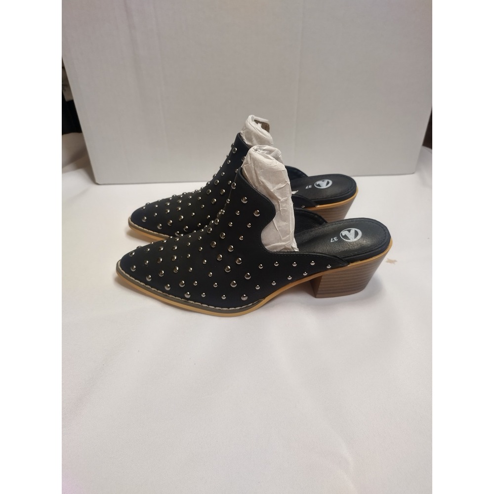 Black Studded Pointed Toe Mules Stacked Block Heel Western Slides Size 37